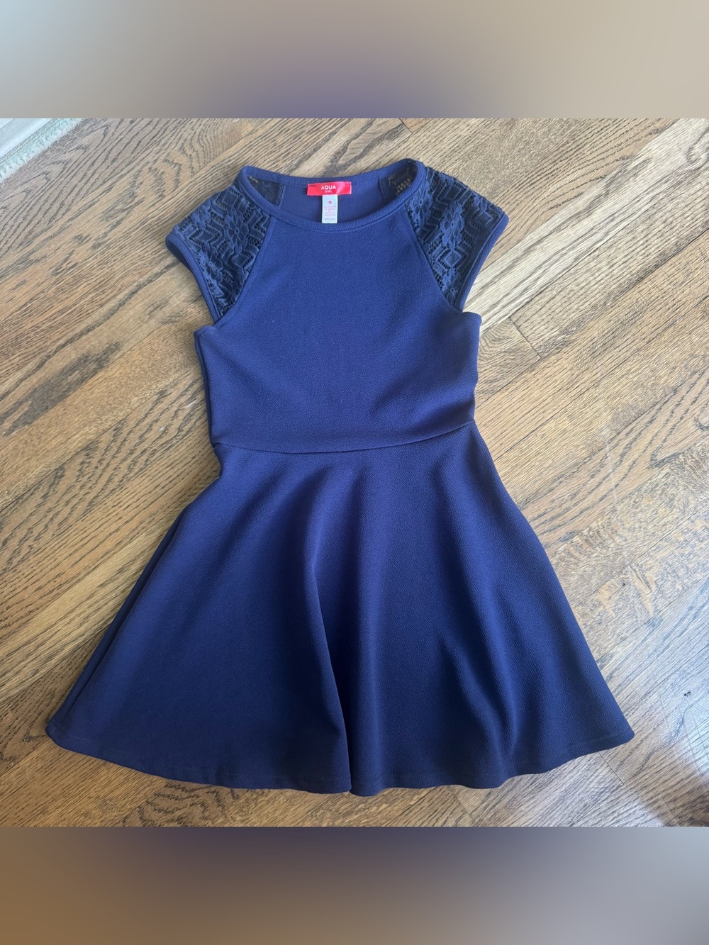 Aqua Navy Lace-Sleeve Skater Dress for Kids
